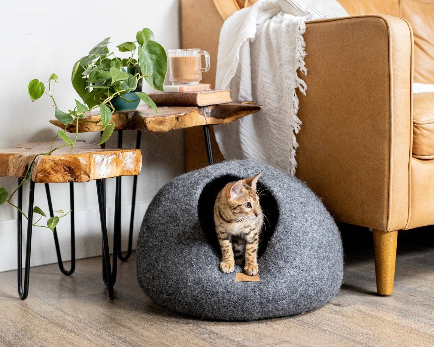 Wool Cat Cave Bed - Stone Gray