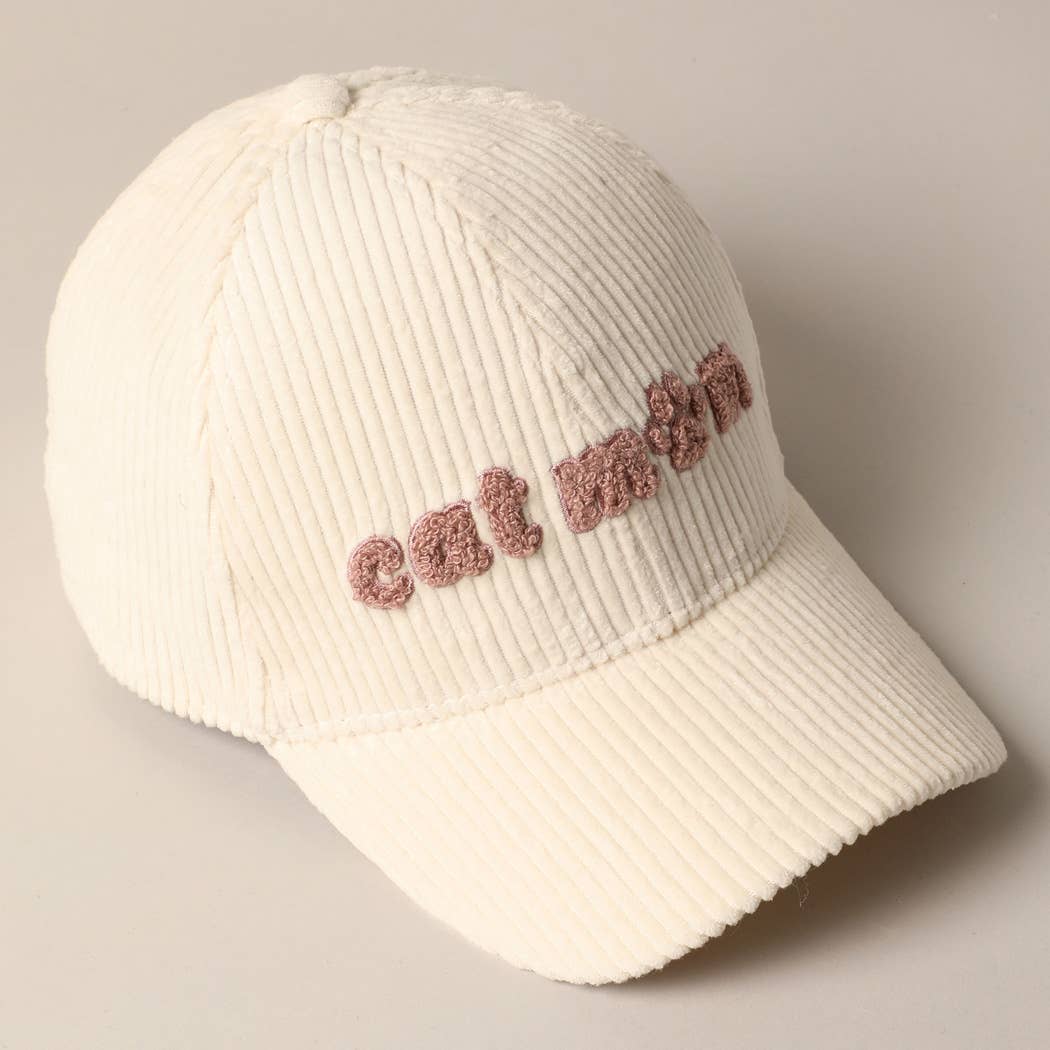 Cat Mom Chenille Patch Corduroy Baseball Cap: OFF WHITE / ONE SIZE