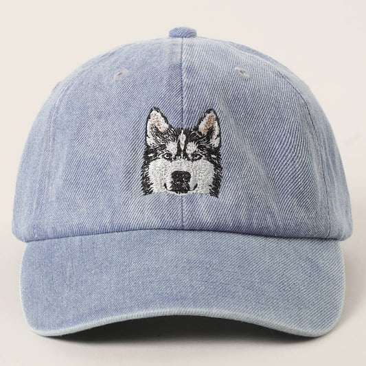 Siberian Husky Embroidered Denim Baseball Cap: LIGHT BLUE / One Size