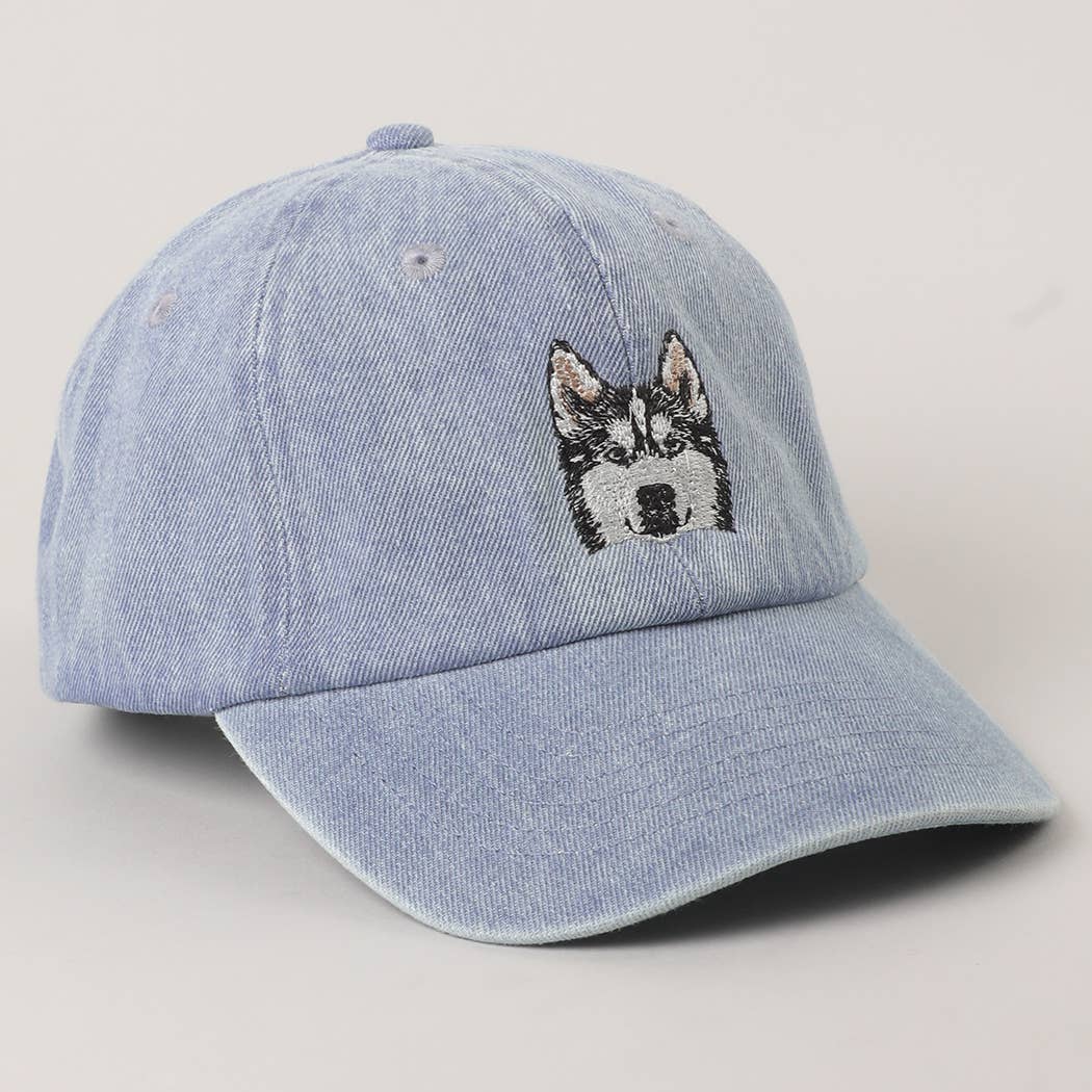 Siberian Husky Embroidered Denim Baseball Cap: LIGHT BLUE / One Size