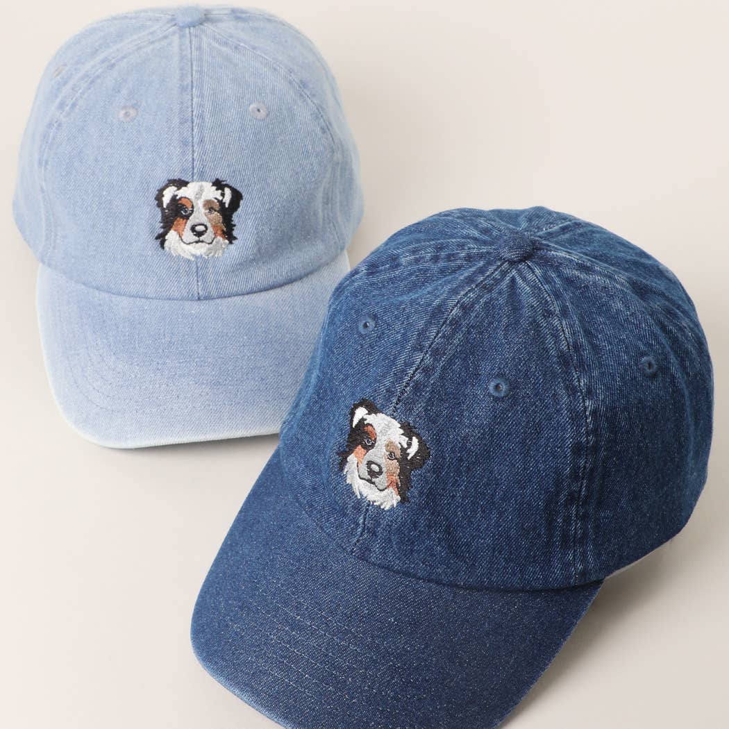 Australian Shepherd Embroidered Denim Baseball Cap: LIGHT BLUE / One Size