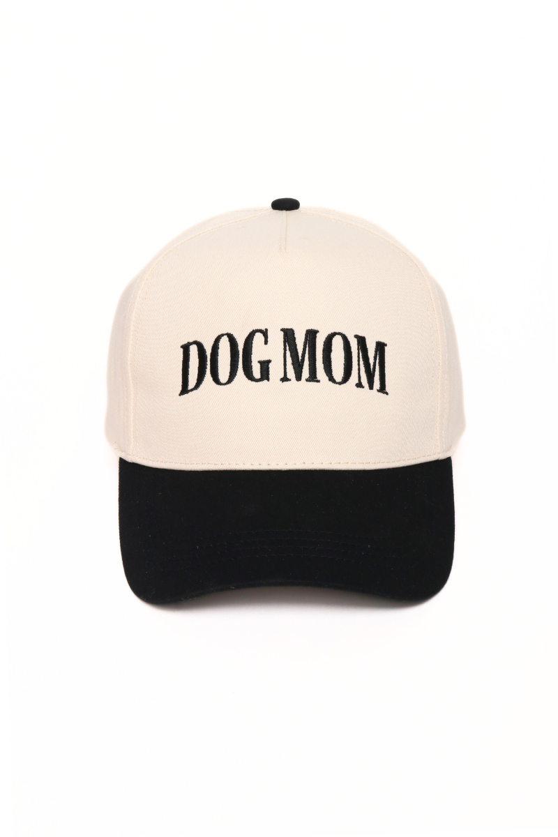 DOG MOM Embroidery 5 Panel Two Tone Hat: Beige