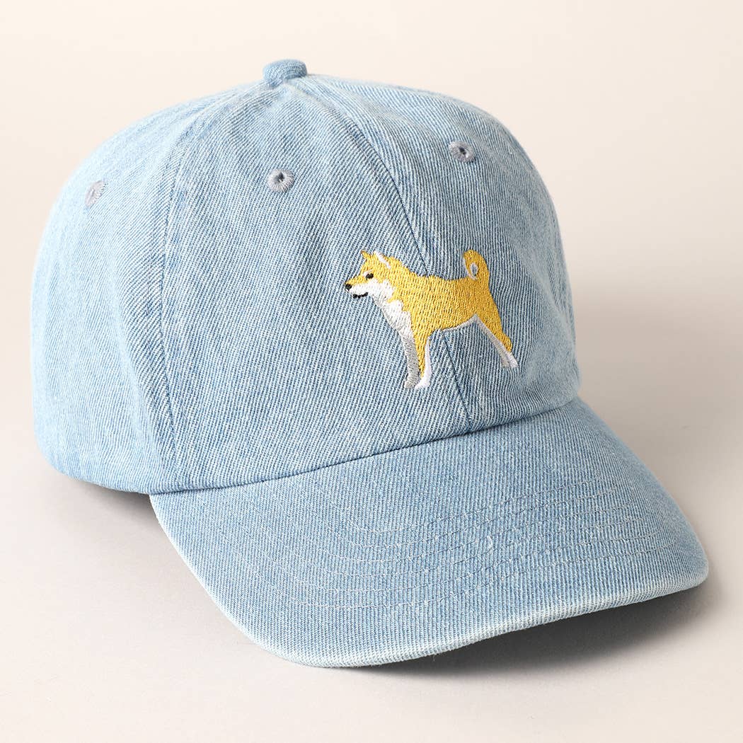 Shiba Dog Embroidered Denim Baseball Cap: Light Denim / ONE SIZE