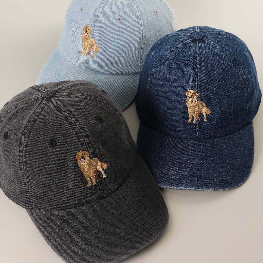 Golden Retriever Embroidered Denim Baseball Cap: LT DENIM