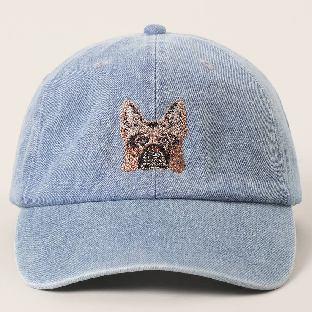 German Shepherd Embroidered Denim Baseball Cap: LIGHT BLUE / One Size