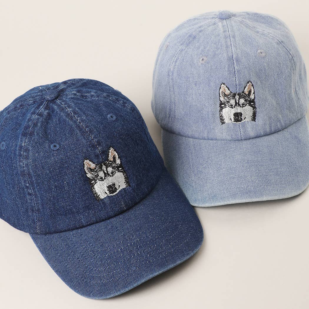 Siberian Husky Embroidered Denim Baseball Cap: LIGHT BLUE / One Size