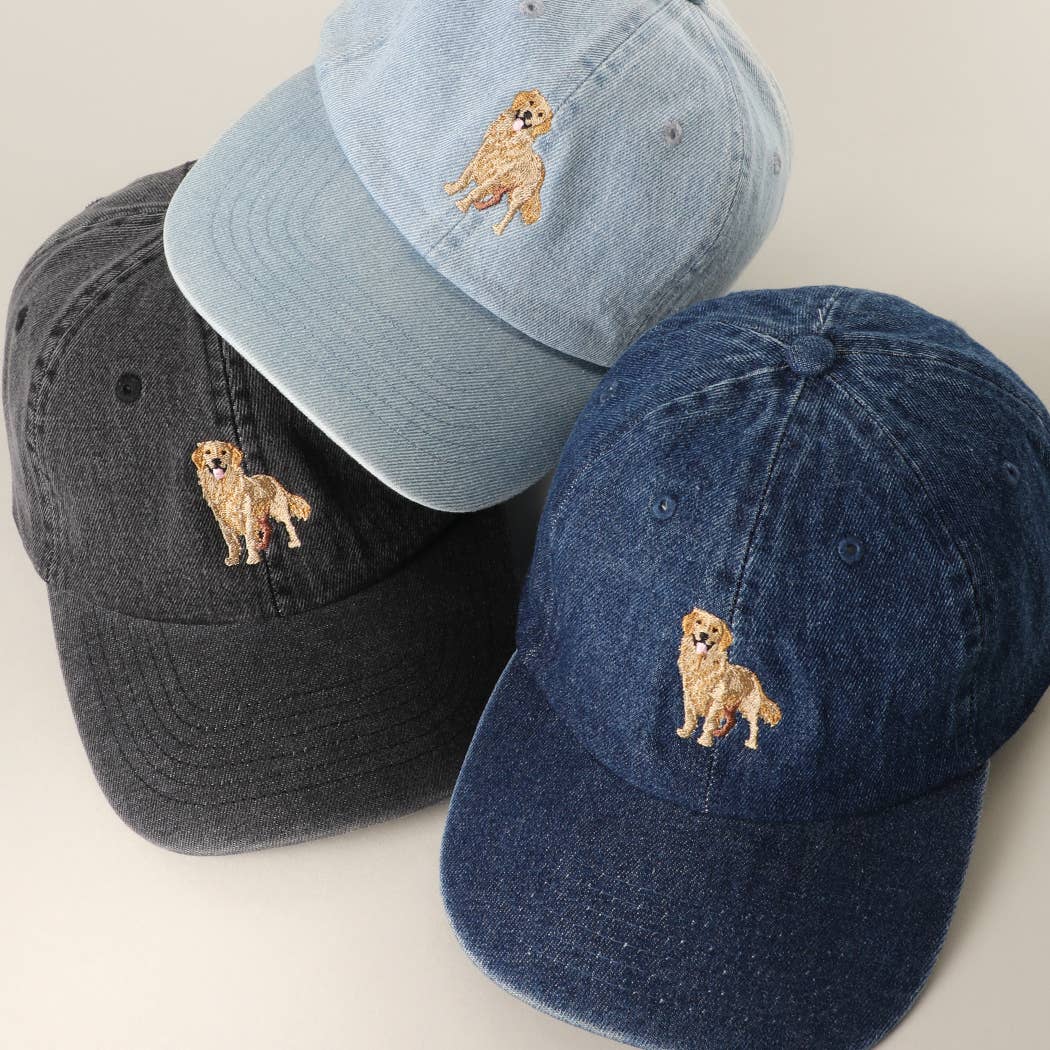 Golden Retriever Embroidered Denim Baseball Cap: LT DENIM