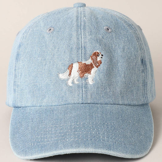 Cavalier King Dog Embroidered Denim Baseball Cap: Light Denim / ONE SIZE