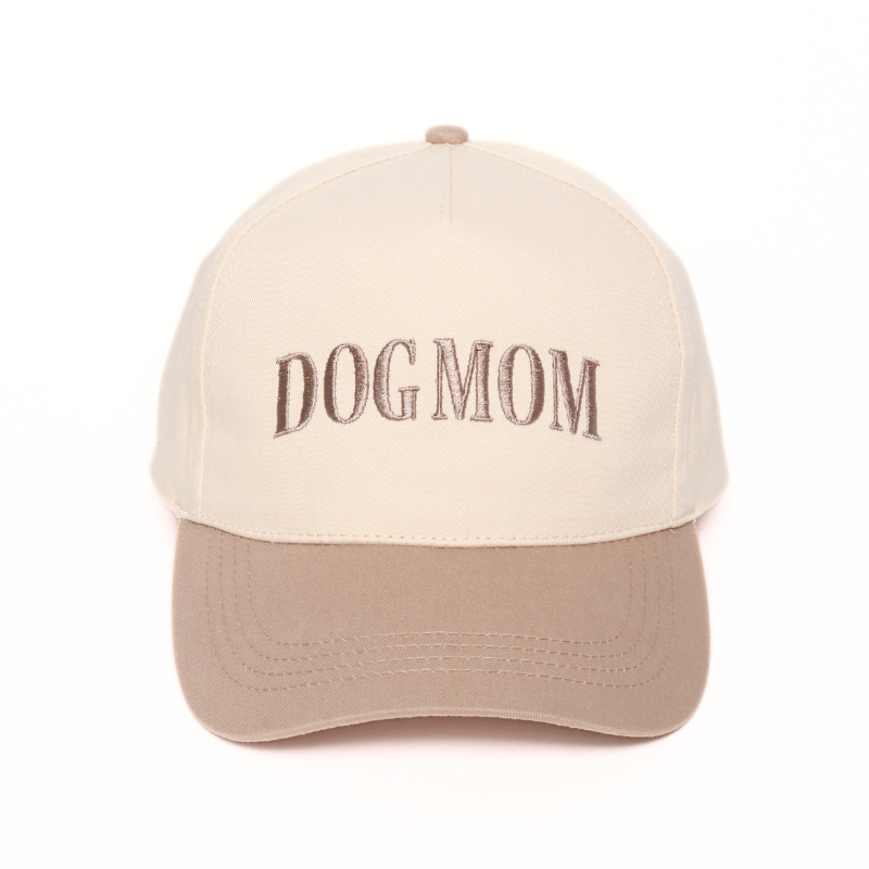DOG MOM Embroidery 5 Panel Two Tone Hat: Beige