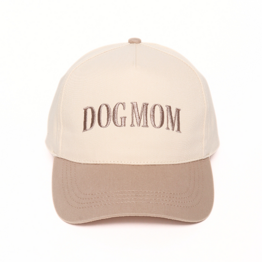 DOG MOM Embroidery 5 Panel Two Tone Hat: Beige