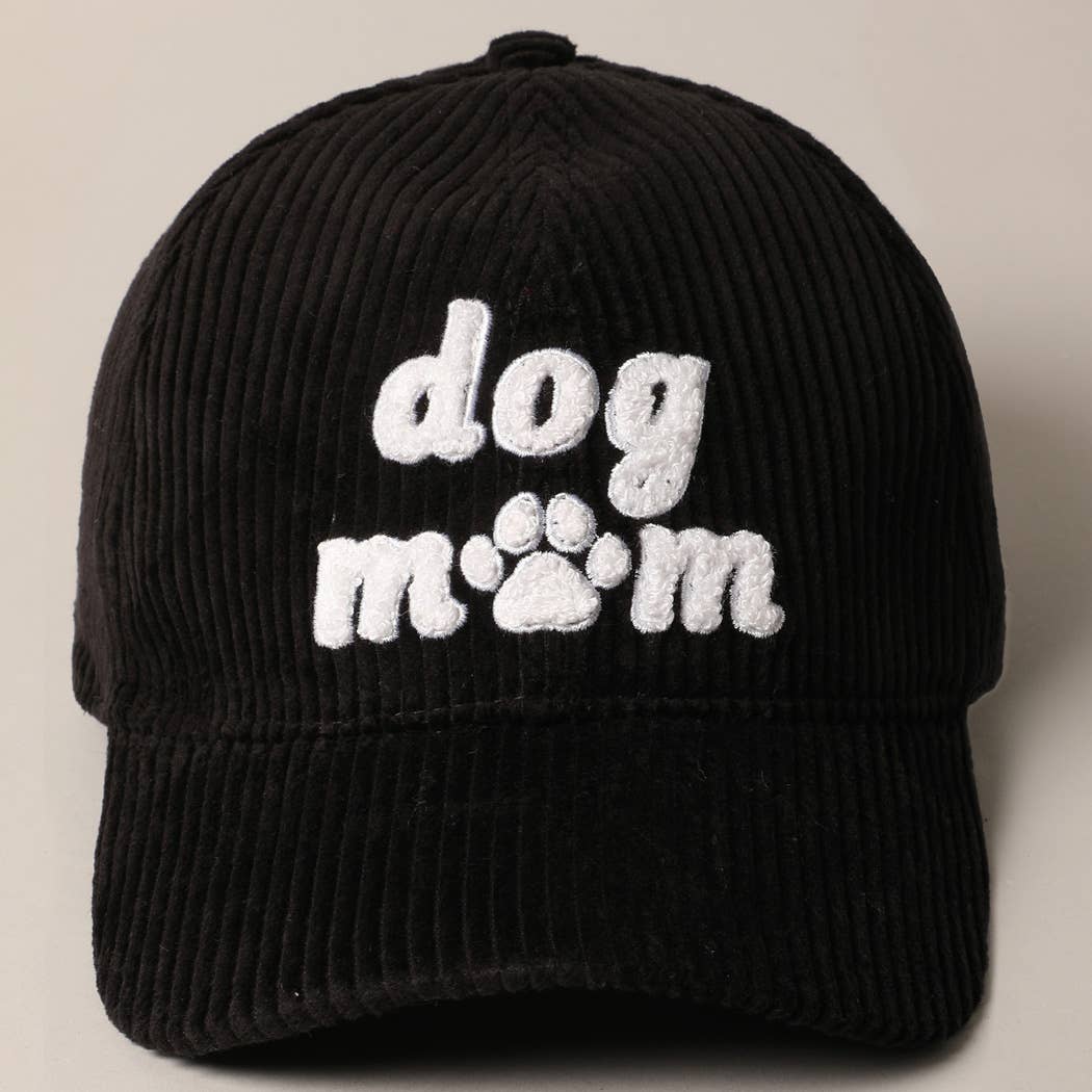 Dog Mom Chenille Patch Corduroy Baseball Cap: Black / ONE SIZE