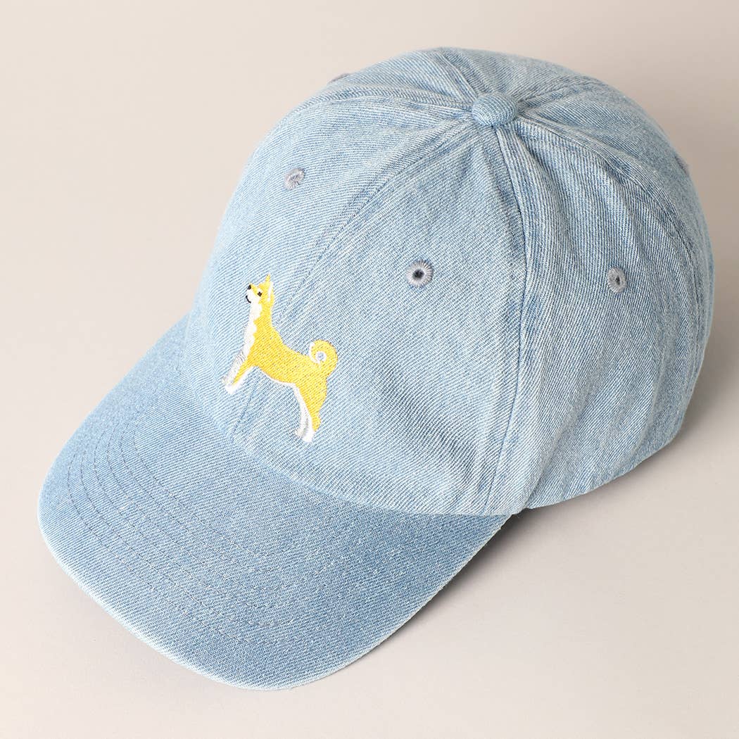 Shiba Dog Embroidered Denim Baseball Cap: Light Denim / ONE SIZE