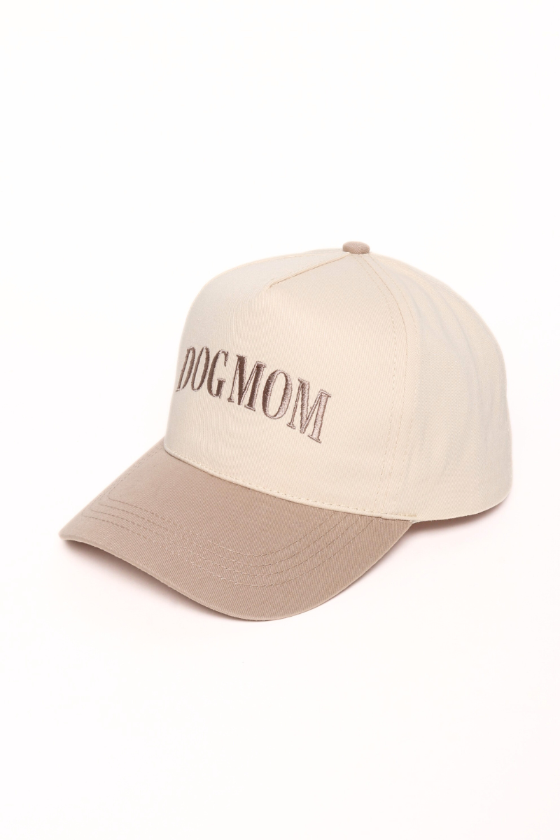 DOG MOM Embroidery 5 Panel Two Tone Hat: Beige