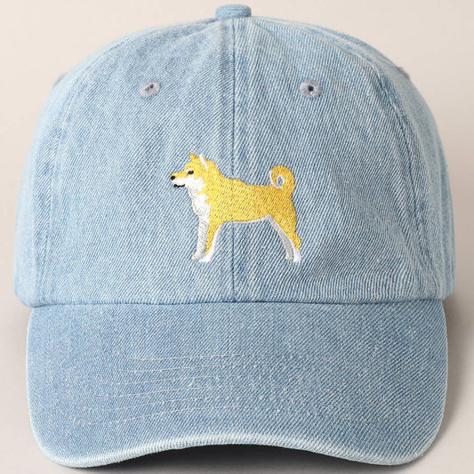 Shiba Dog Embroidered Denim Baseball Cap: Light Denim / ONE SIZE