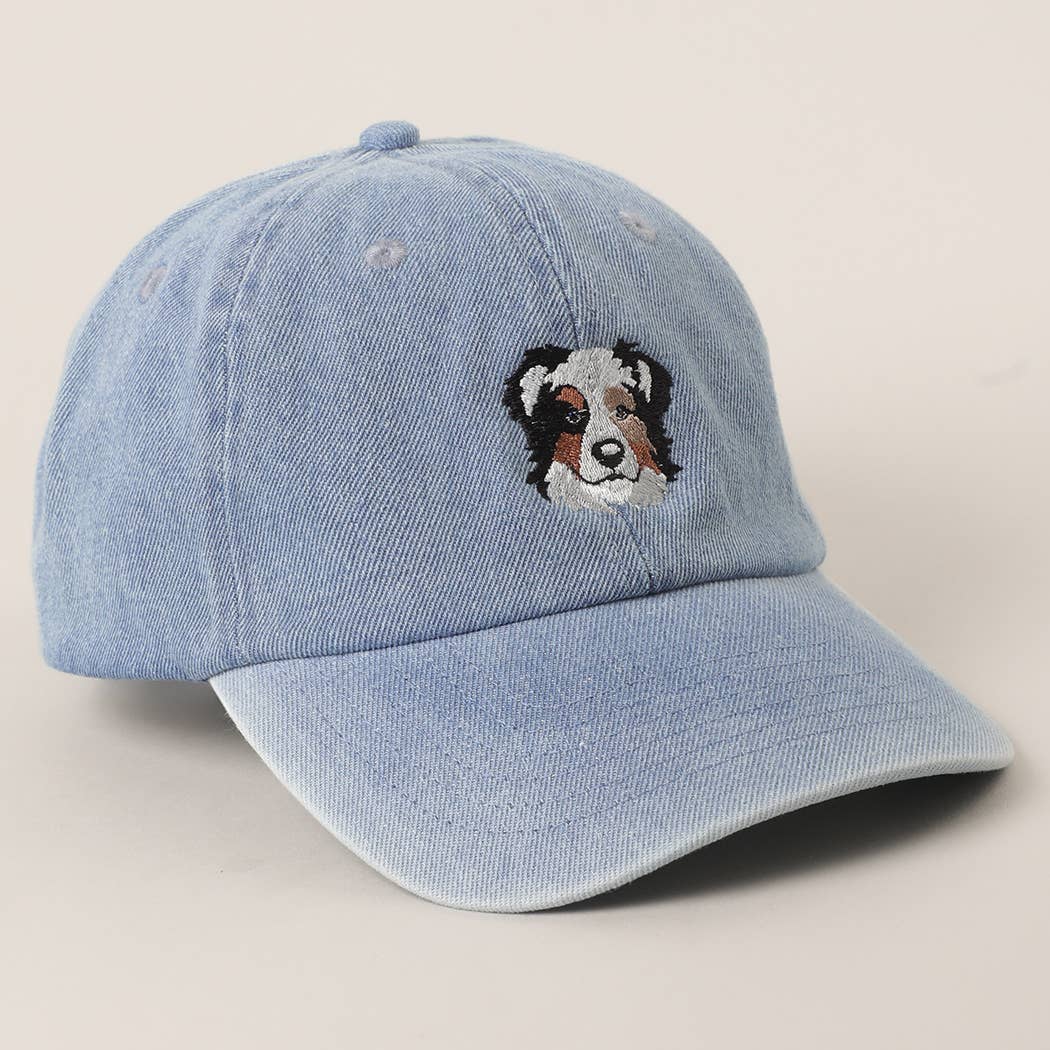 Australian Shepherd Embroidered Denim Baseball Cap: LIGHT BLUE / One Size