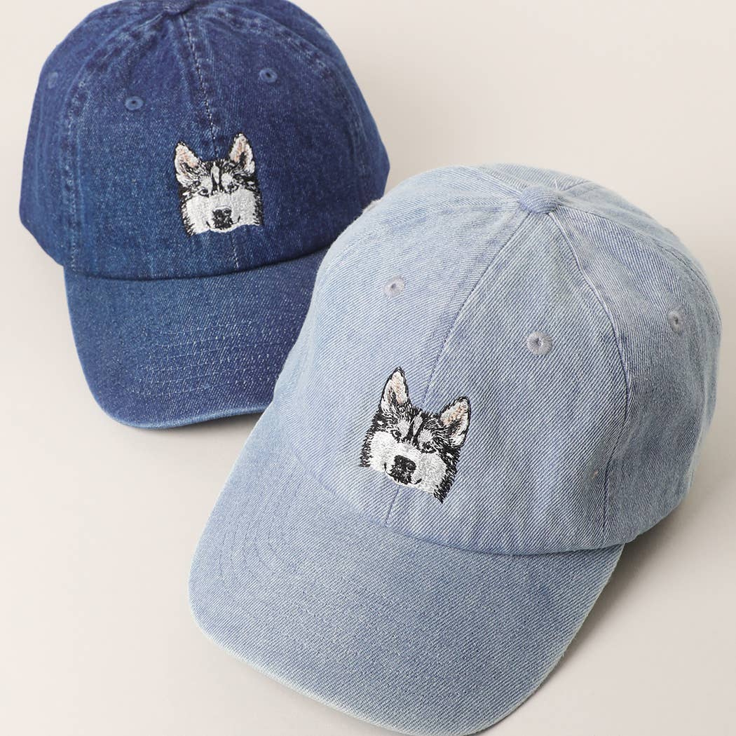 Siberian Husky Embroidered Denim Baseball Cap: LIGHT BLUE / One Size