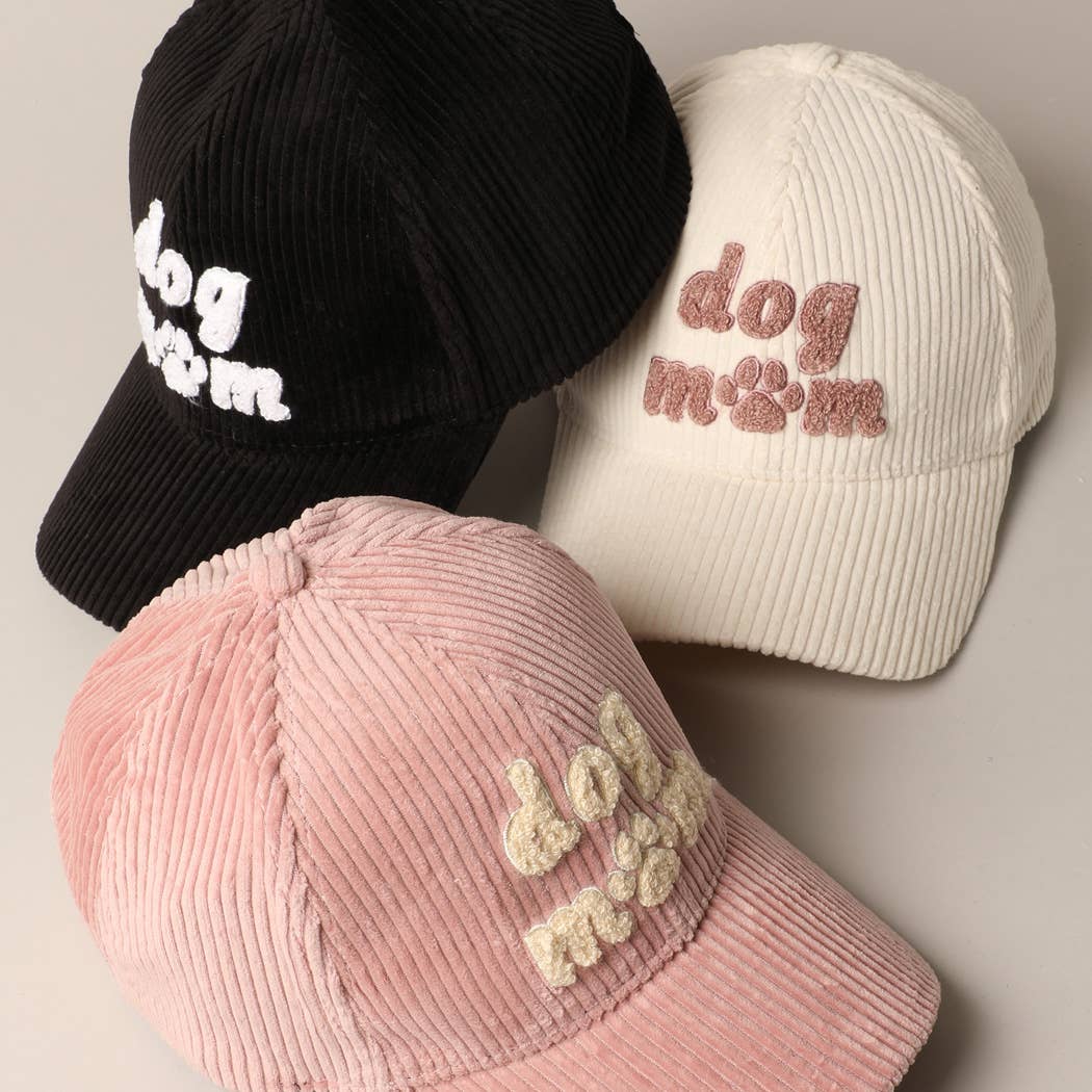 Dog Mom Chenille Patch Corduroy Baseball Cap: Black / ONE SIZE