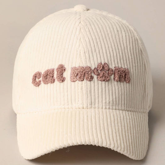 Cat Mom Chenille Patch Corduroy Baseball Cap: OFF WHITE / ONE SIZE